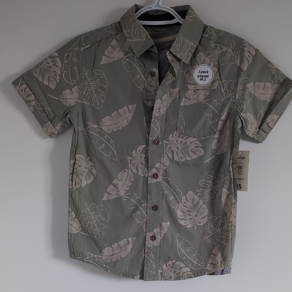 George Olive Green Short-Sleeve Button-Down with Layering T And Shorts Set